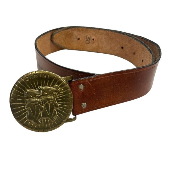 Vtg Brass Gemini Zodiac Belt Buckle w/ Brown Leather Belt • Astrology Horoscope - Picture 1 of 7